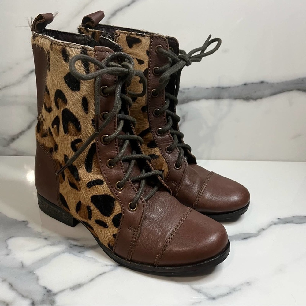 Betsey Johnson | Women's Leopard Print Levana Lace Up Calf Hair Boots Sz 8